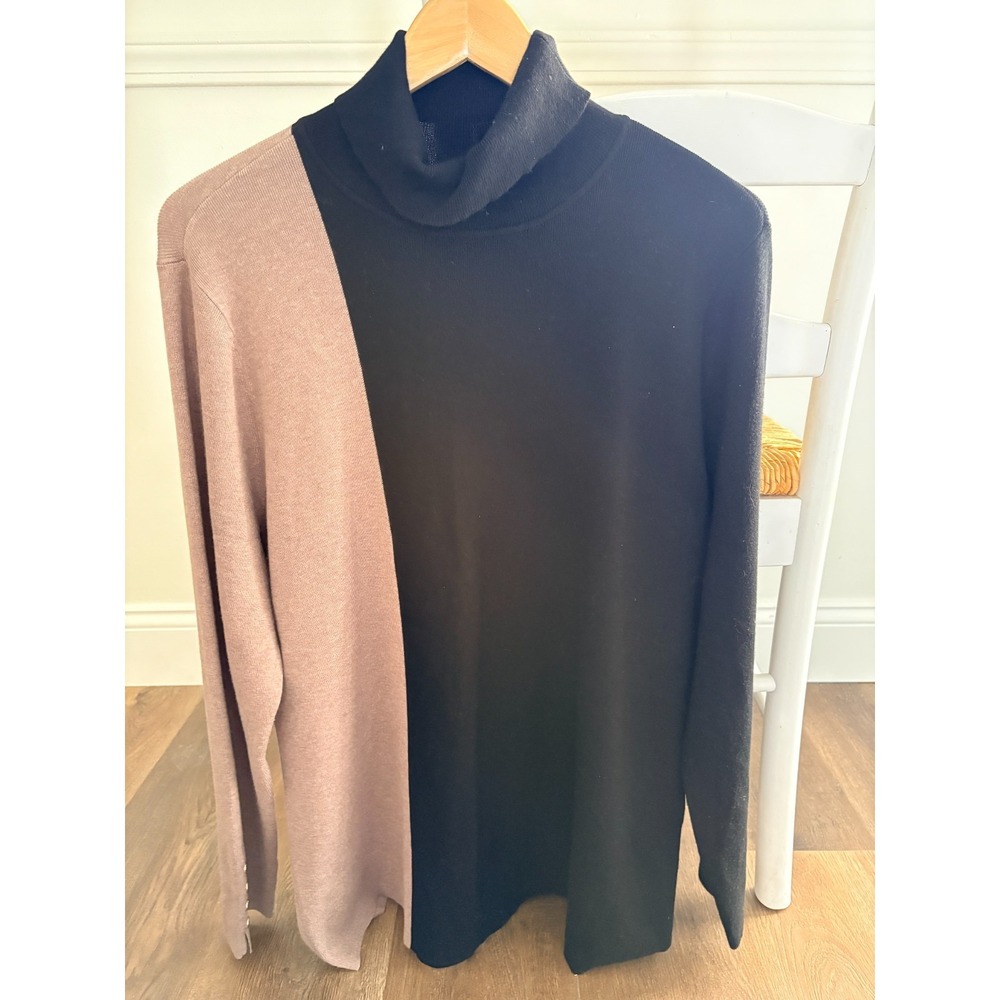 Chicos Women Black Tan Beige Colorblock Turtleneck Sweater Tight Knit Size 4 XXL